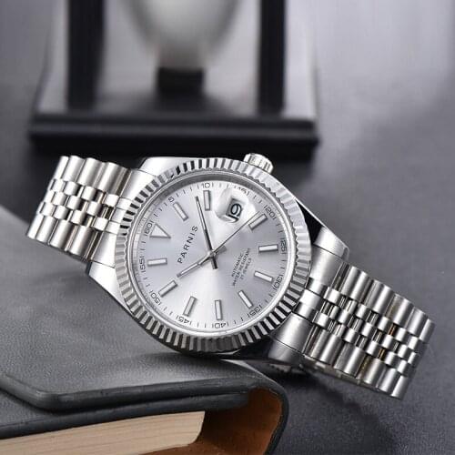 New Parnis Automatic Mechanical Mens Watches Silver Stainless Steel Bracelet Calendar White Dial 2813 Movement Mens Watch 2020