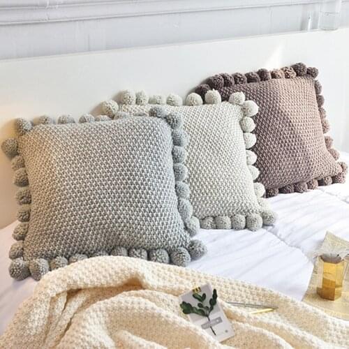 Knitted Cushion Cover Solid Gray Coffee Solid Nordic Style Pillow Case With Balls 45*45cm Soft For Sofa Bed Room Home Decorative