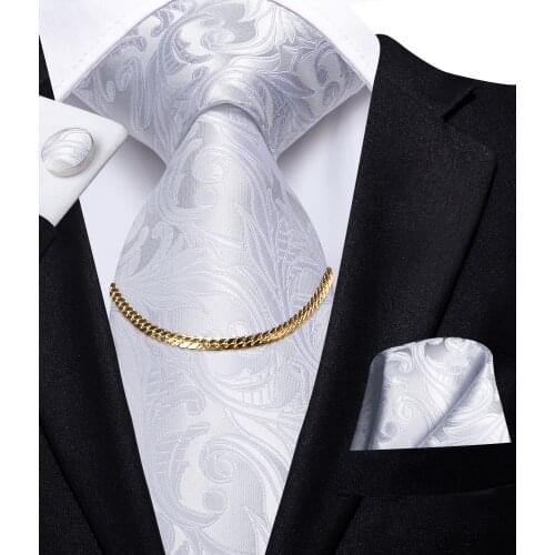 Hi-Tie Classic White Floral Fashion Luxury Mens Tie Hanky Cufflinks Set Silk Design Tie For Necktie Chain Gift For Men Wedding