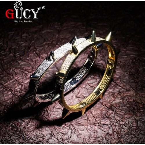 GUCY Spikes Rivet Bracelets Gold Silver Color Cubic Zirconia Round Fashion Hiphop Iced Out Bracelet Jewelry