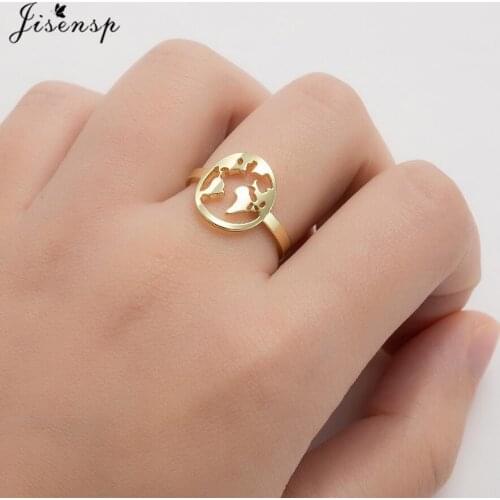 Jisensp Vintage Stainless Steel Wide World Map Finger Rings Geometric Circle Ring Female Wedding Ring for Women Traveler Gift
