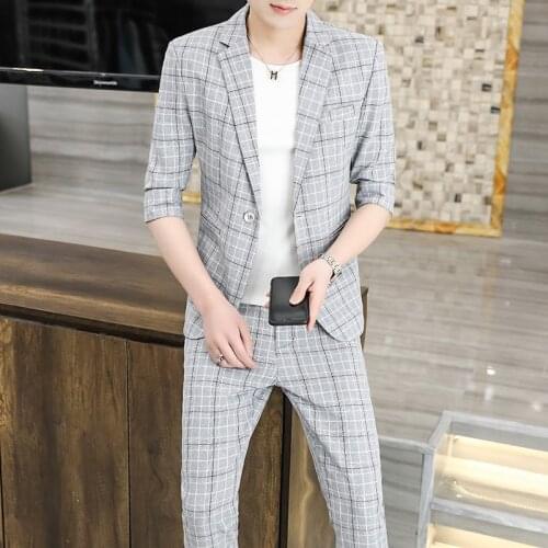 Summer seven-quarter sleeve checked suit for men slim slim short-sleeved jacket two piece mid-sleeved mens casual suit