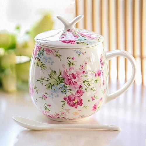 Chinese Pastoral Style Creative Flower Printing Ceramic Teacup Vintage Elegant Coffee Mug With Lid Spoon For Wedding Present