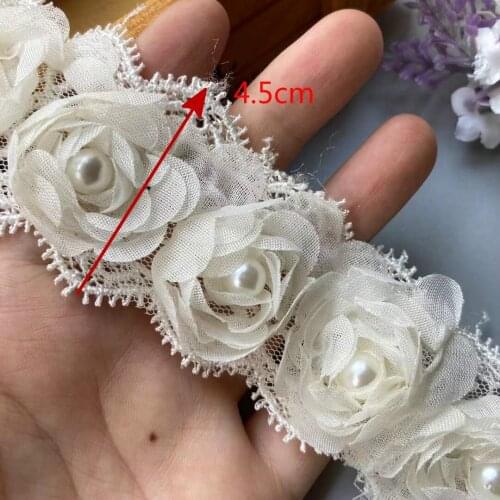 1 Yard Ivory Rose Flower Lace Trim Pearl Soluble 45mm Embroidered Ribbon Fabric Handmade DIY Wedding Dress Sewing Supplies Craft