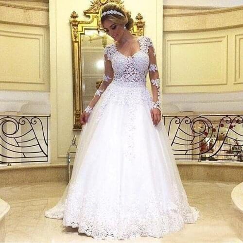 V-neck Sheer Back Lace Appliqued Beadings Wedding Dresses Long Sleeve vestido de noiva Sweep Train Wedding Gowns Bridal Gown