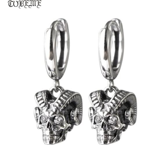 100% 925 Silver Skull Earrings Vintage Sterling Silver Sheep horn Skeleton Earrings Pure Silver Man Earrings Hiphop Jewelry
