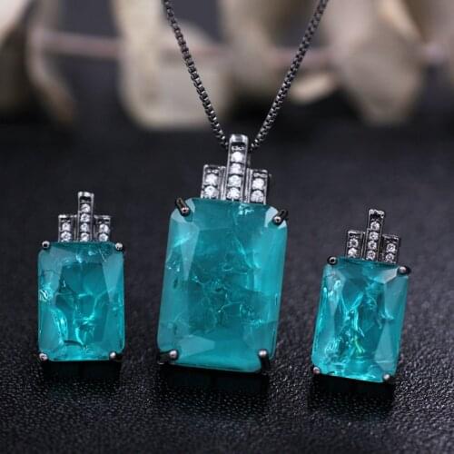 Square Fusion Stones Jewelry Sets Cubic Zirconia Stud Earring and Pendant Necklace Jewelry Set For Women Fashion Jewelry Gift