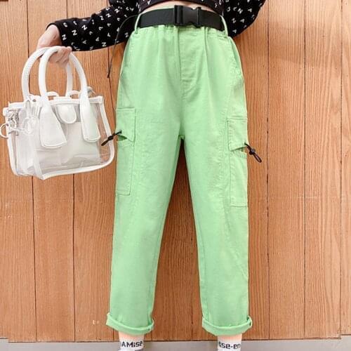 2021 New Fashion Cargo Pants For Teenage Girls Casual Sports Trousers Children Sweatpants Solid Color Kids Pants With Belt