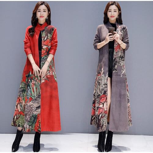 New Retro Suede Deerskin Printed Long Windbreaker Female 2021 Spring Autumn Chinese style Womens Trench coats x939