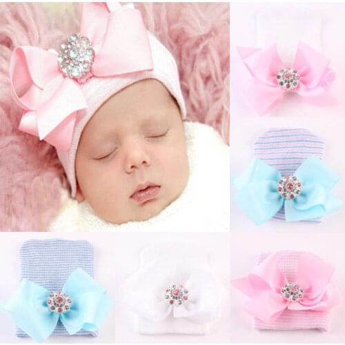 New Cute Newborn Baby Girls Bowknot Hats Caps Infant Toddler Bowknot Knit Winter Baby Girl Beanie Hats Blue White Pink