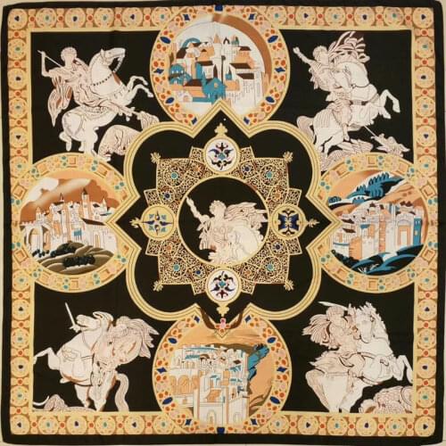 KOI LEAPINGNew Women Fashion Scarf knight Print Twill 100% Silk 110CM Square Shawl Muslim decoration Scarf high qualiy Headscarf