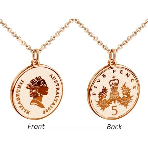 MYLONGINGCHARM Five Cent Pendant Necklace Stainless Steel Rosegold Coin Disc Necklace