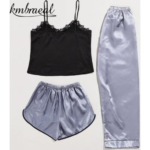 Pajamas for Women Emulation Silk Summer Condole Belt + Long Pants 3 Piece Set Blue Sleepwear Homewear Can Wear Outside Plus Size