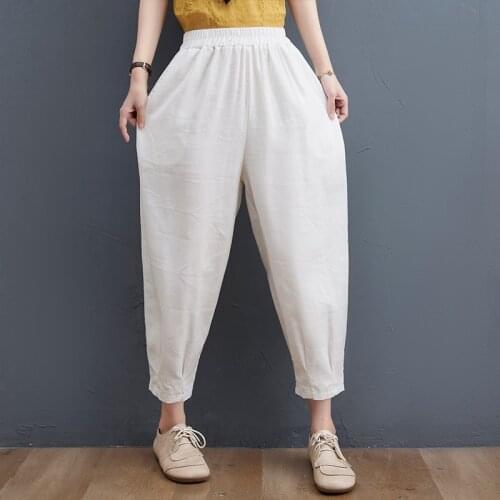 Casual Pants 2021 New Arrival High Waist Summer Pants Solid Color Cotton Linen Harem Pants All-match Capris Pants