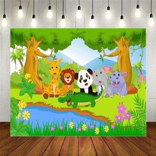 Photo Studio Props Vinyl Photography Backdrop Cute Safari Animal In The Jungle Kids Birthday Decoration Customizable Text