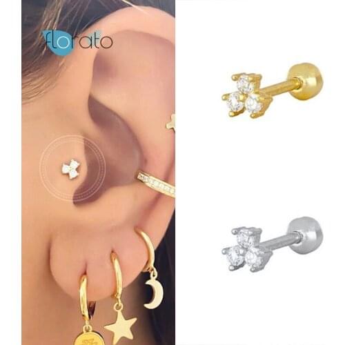 925 Silver Ear Needle Triangle Flower Stud Earring Sparkly Trio CZ Zircon Crystal for Women Simple Classic Fashion Jewelry Gift