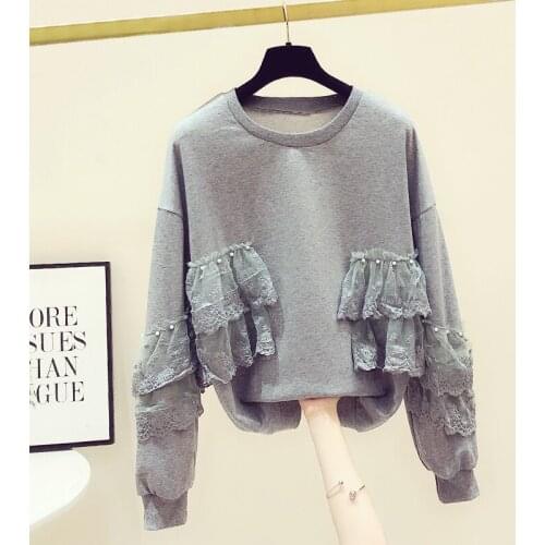 Beaded Mesh Lace Patchwork Hoodie Womens Sweatshirts 2020 Autumn Winter New Korean Loose Long Sleeve Casual Top Girls Hoodies