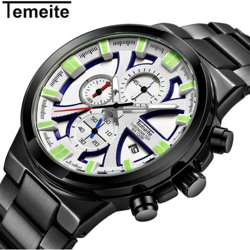 TEMEITE Brand Men Quartz Watch With Date Business Full Stainless Steel Strap Big Dial Watch for Men Six Needle Relogio Masculino
