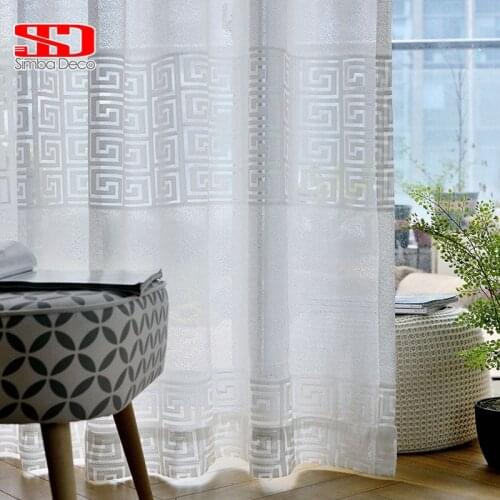Modern White Solid Grid Tulle Curtains For Living Room Chinese Style Geometric Voile Liner Sheer Curtains for Bedroom Window