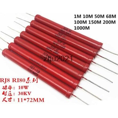 10W 1K 80K 100K 300K 470K 1M 10M 50M 68M 150M 200M 1G Ohm High Voltage Bar Glass Glaze Film Resistor Red