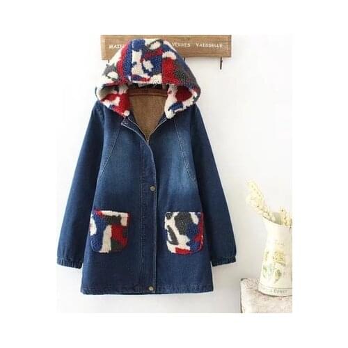 Korean mori girl winter clothes female do old lambs wool color matching hat big bag long style cowboy cotton coat