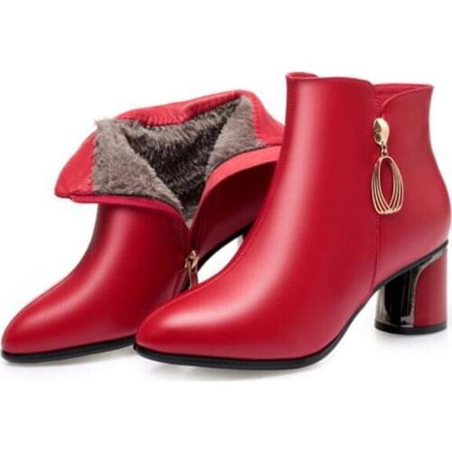 2019 New Full Cowhide Autumn Winter Boots Women Fashion Boots Temperament Elegant Warm Snow Boots Women Shoes High Heel Boots