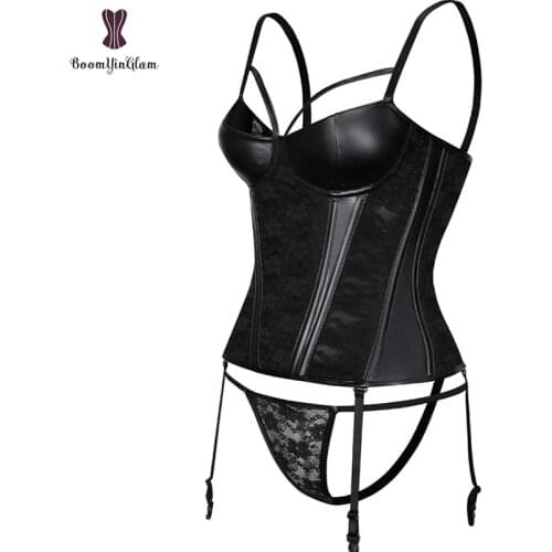 3/4 Padded Cup Womens Corset Faux Leather Stitching Lace Boned Corset Adjustable Hook & Eye Bustier Plus Size