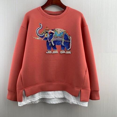 2021 Autumn Winter Fashion Sweatshirts High Quality Women Cute Animal Prints Beading Deco Long Sleeve Casual Red Yellow Tops