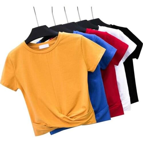 Womens Crop Top Summer Cross Shape T-Shirt Top Short Sleeve O-Neck Casual Solid T-Shirt Cotton High Waist Slim Basic Tee Shirt