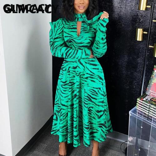 Women Long Sleeve Tiger Skin Printed Midi Dress Slim Evening Party Dress