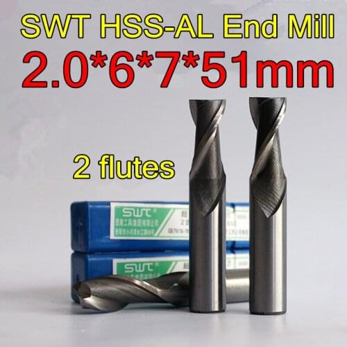 2.0*6*7*51mm 10pcs/set 6mm petiole 2 flutes SWT HSS-AL End Mill Milling machine tool Free shipping