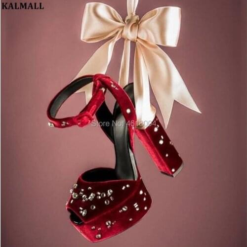 KALMALL Celebrity Dress Shoes Women Platforms Sandals Crystal Embellished Block High Heels Burgundy Ankle Strap Diamonds Sandals