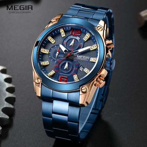 MEGIR Mens Watches Fashion Blue Stainess Steels Quartz Watch for Man Luxury Waterproof Luminous Chronograph Wristwatch Relogio
