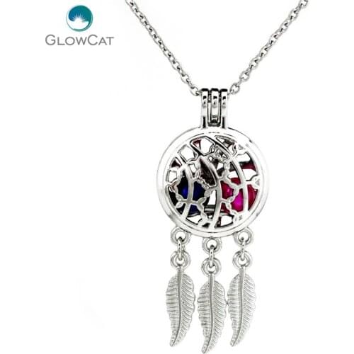 K726 Silver Alloy beaty Dream Catcher Vines Leaf Pearl Cage Pendant Chain Aroma Essential Oil Diffuser Locket Necklace