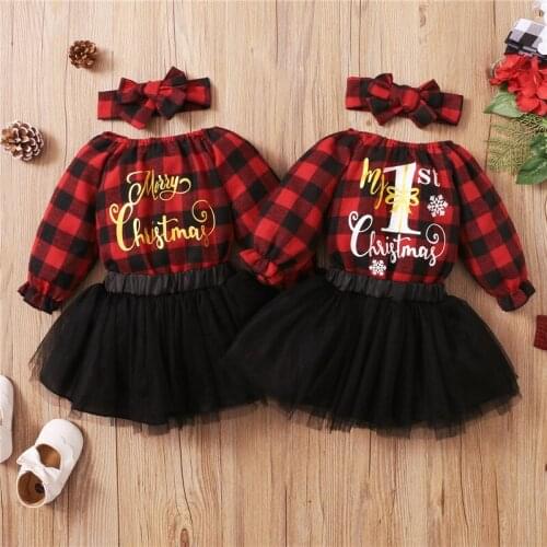 Toddler Infant Baby Girls Christmas Clothes Sets Newborn Plaid Printed Long Sleeve Romper Tulle Skirts Headwear Xmas Outfits