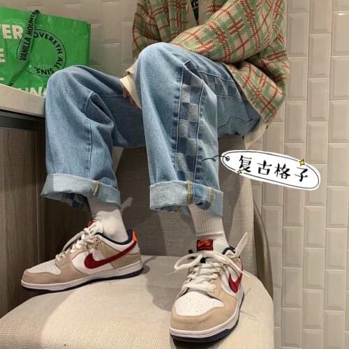 2021 spring new plaid jeans menmens loose straight mens check trend mid Waist Wide Leg Capris jeans men
