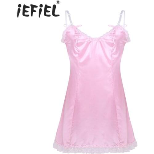 Men Adults Exotic Sexy Gay Male Nightwear Satin Straps Low Back Sissy Baby Fancy Costume Clubwear Vintage Slip Hommes Mini Dress