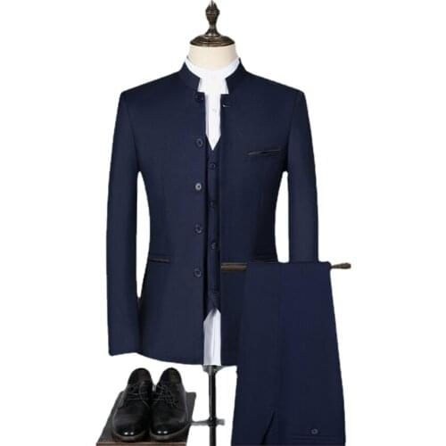 Men Suit Coat Vest Pants Fashion Chinese Retro Style Wedding Groom Suit Stand Collar Classic Men Dress Blazers Jacket Trousers