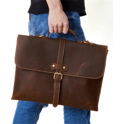 Retro Crazy Horse Leather Mens Daily Work Office Lawyer Business Briefcase 15.6-inch Multifunctional Computer Travel Handbag
