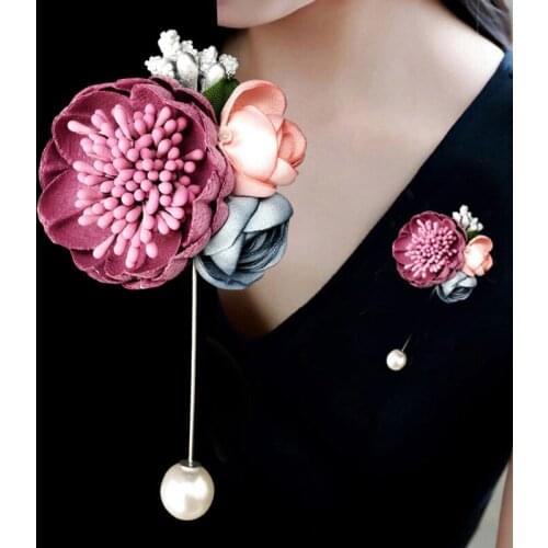 New Cloth Art Pearl Fabric Flower Brooch Pin Cardigan Shirt Shawl Lapel Pins Coat Badge Jewelry Gifts for Women Accessories