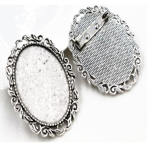 New Fashion 5pcs 30x40mm Inner Size Antique Silver Plated Pin Brooch Flowers Style Base Setting Pendant (B4-16)