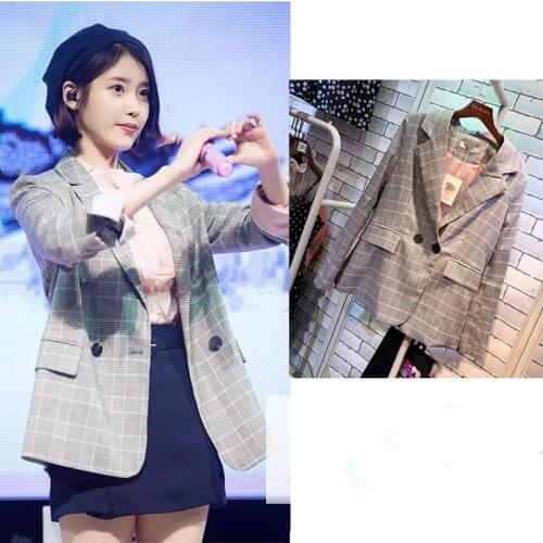 Kpop IU Lee Ji Eun New Women Autumn Jacket Fashion Casual Plaid Blazers Button Long Sleeve Work Coat Office Lady Elegant Blazers