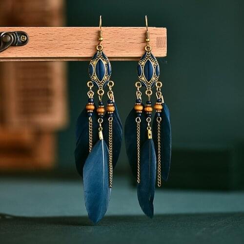 New Arrival Creative Retro Tassel Feather Earrings Womens Long Oil Dripping European And American Bohemian Jewelry Eardrop Gift