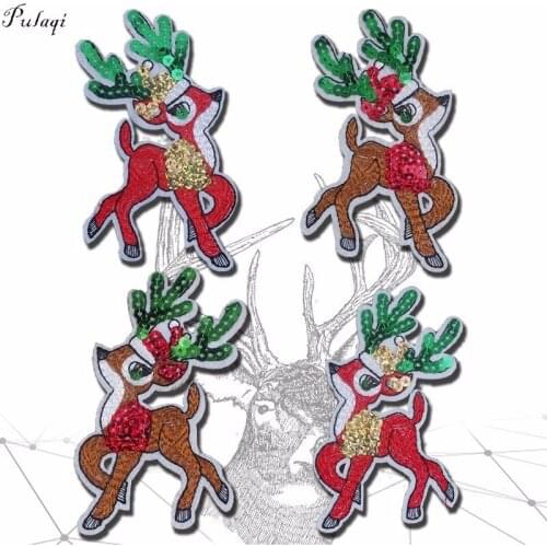 Pulaqi All New Sequin Merry Xmas Reindeer Iron On Patches For Clothes Patch DIY Applique For Kids Women Decor Acessories F