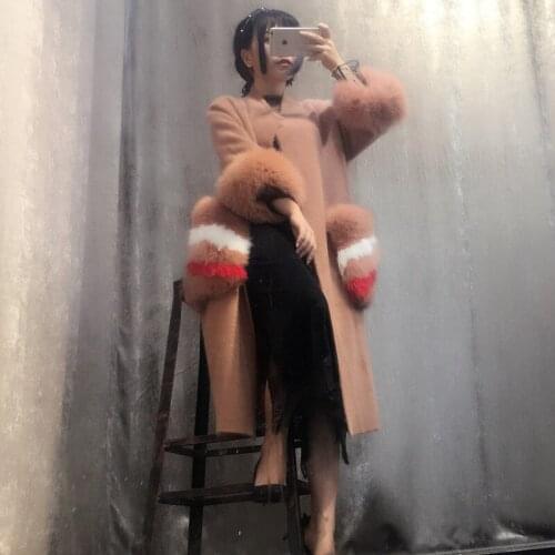 New women knitted mink cashmere sweater with big multi color fox fur pocket ladies cardigans free shipping 022