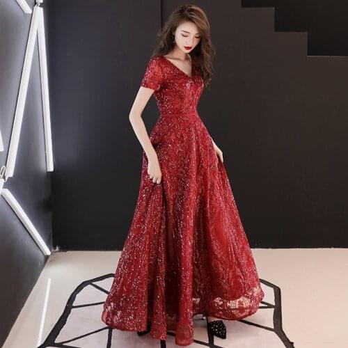 Sexy Slim Lace Sequins Double V-neck Dress Evening Dress Chinese Wedding Toast Dress Improved Qipao Vestidos Size S-XXL