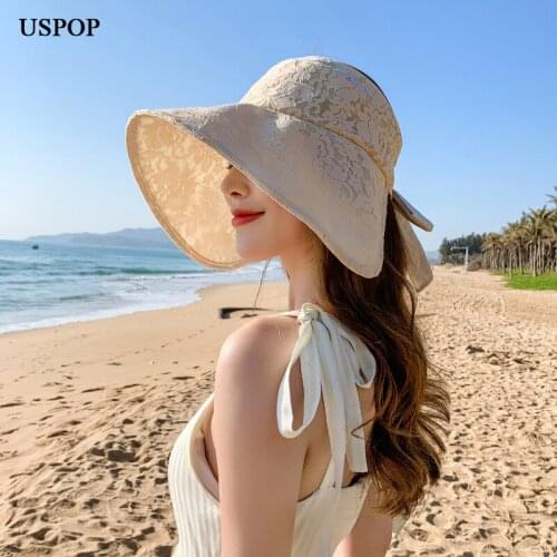 USPOP New Women Summer Sun hat Lace Wide Brim Beach Hat Anti-UV Sunshade Without Crown