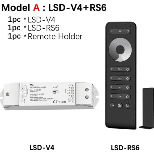 Led Strip Dimmer 12V 4x5A 20A output Receiver Numeric Display V4 with RS6 wireless RF Remote 4 Channel dim separately Dimmer