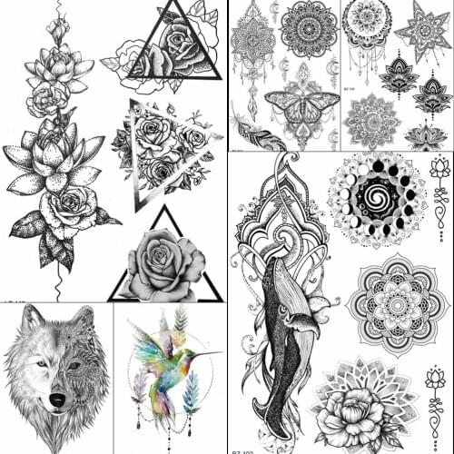 Triangle India Floral Black Henna Mandala Bohemia Tattoos Stickers Body Arm Chest Temporary Tattoo Fake Waterproof Custom Tatto
