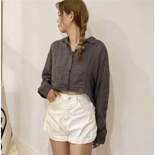 Evfer Women Casual Turn-Down Collar Long Sleeve Gray Short Shirts Oversize Female Fashion Summer Single Breasted Za Cotton Tops
